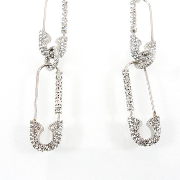 New$1190 GIVENCHY Silver G Clip Safety Pin Crystals Embellished Links Earrings - Picture 7 of 12